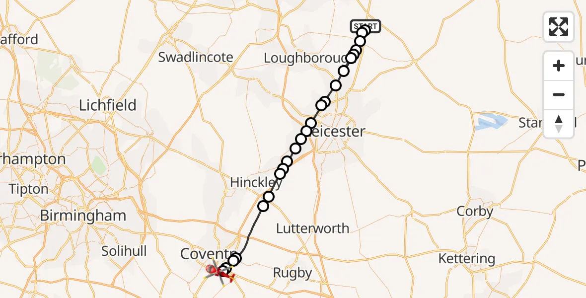 Flight route Air Ambulance Helicopter Widmerpool - Coventry Airport, 13 June 2026, 13:48