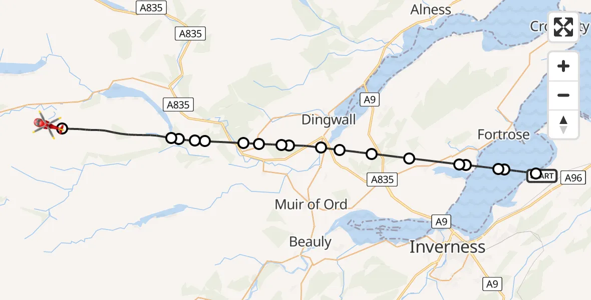 Flight route Air Ambulance Helicopter Dalcross Heliport - Badinluchie, 13 June 2026, 13:49