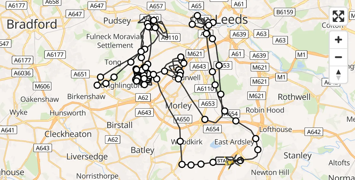 Flight route Police Helicopter East Ardsley - East Ardsley, 13 June 2026, 13:50