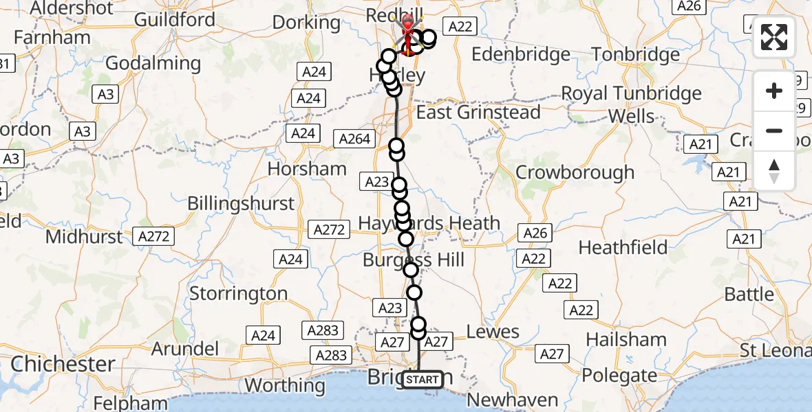 Flight route Air Ambulance Helicopter Brighton - Redhill Aerodrome, 13 June 2026, 13:51
