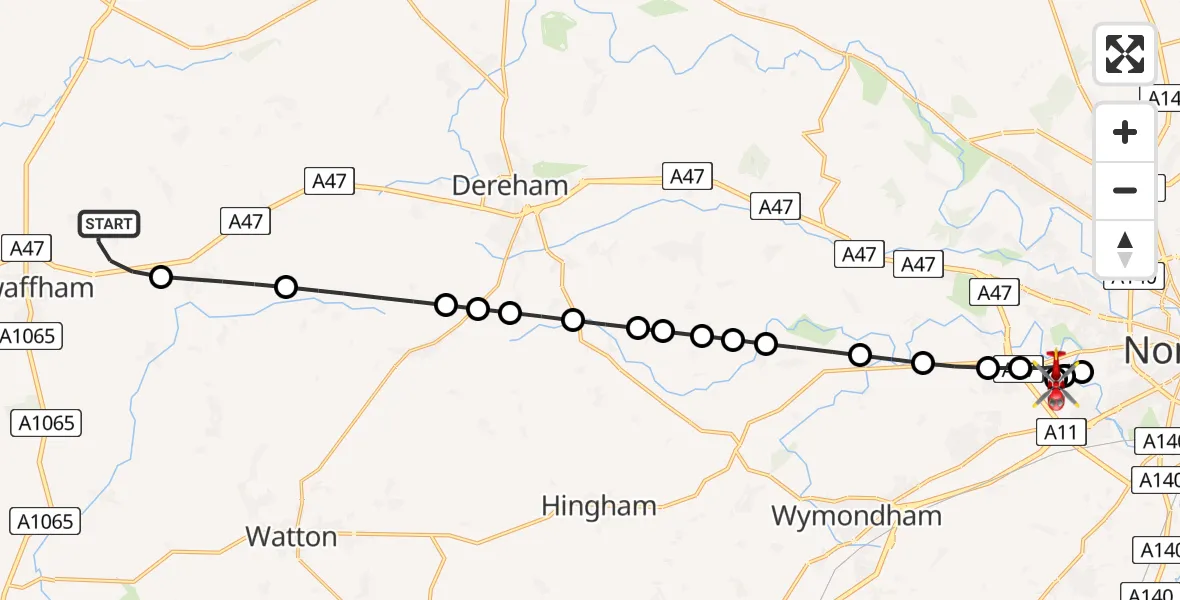 Flight route Air Ambulance Helicopter Sporle - Norfolk & Norwich Hospital, 13 June 2026, 13:56