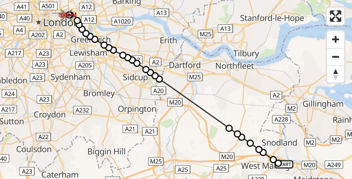 Flight route Air Ambulance Helicopter Ditton - Royal London Hospital, 13 June 2026, 14:08