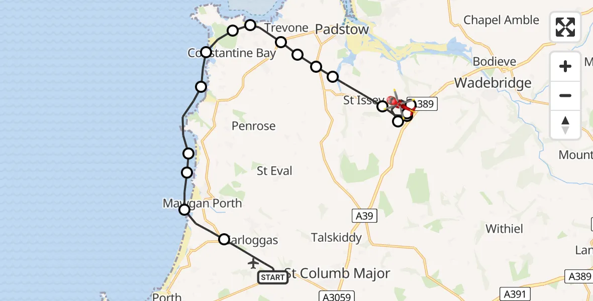 Flight route Air Ambulance Helicopter Cornwall Airport Newquay - St Issey, 13 June 2026, 14:09