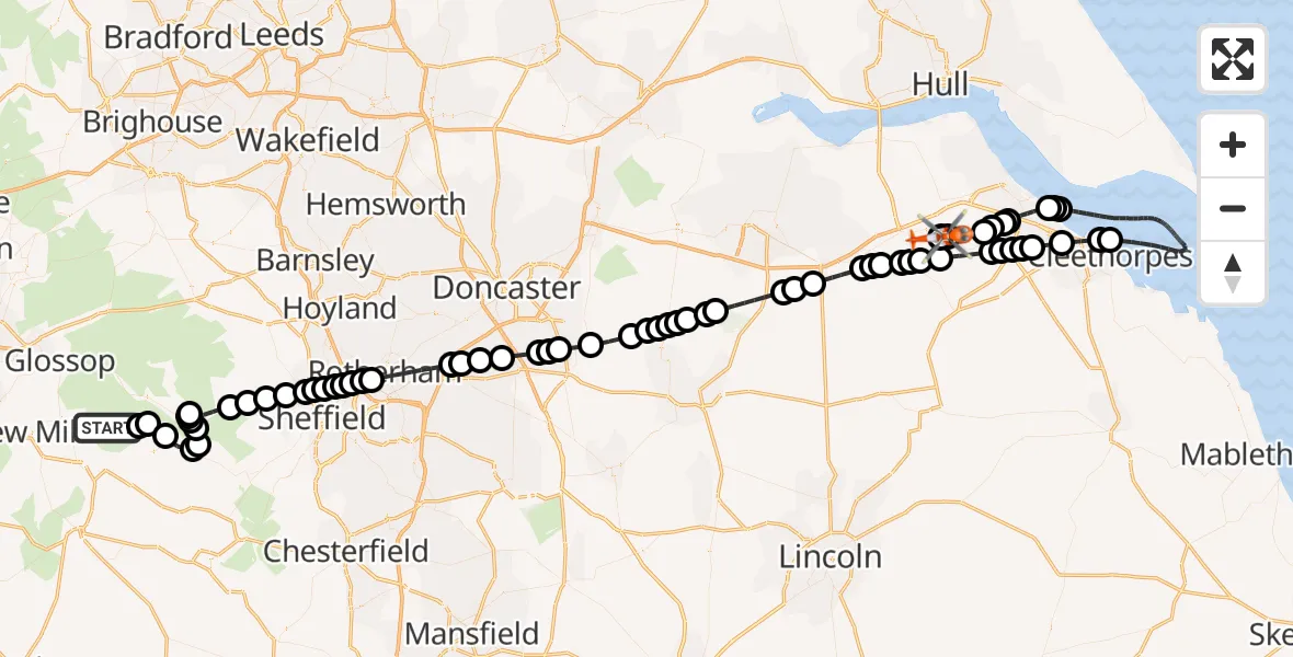 Flight route Coastguard Helicopter Upper Booth - Humberside Airport, 13 June 2026, 14:13