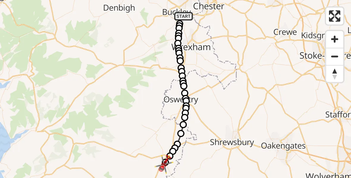 Flight route Air Ambulance Helicopter Penyffordd - Welshpool Airport, 13 June 2026, 14:16