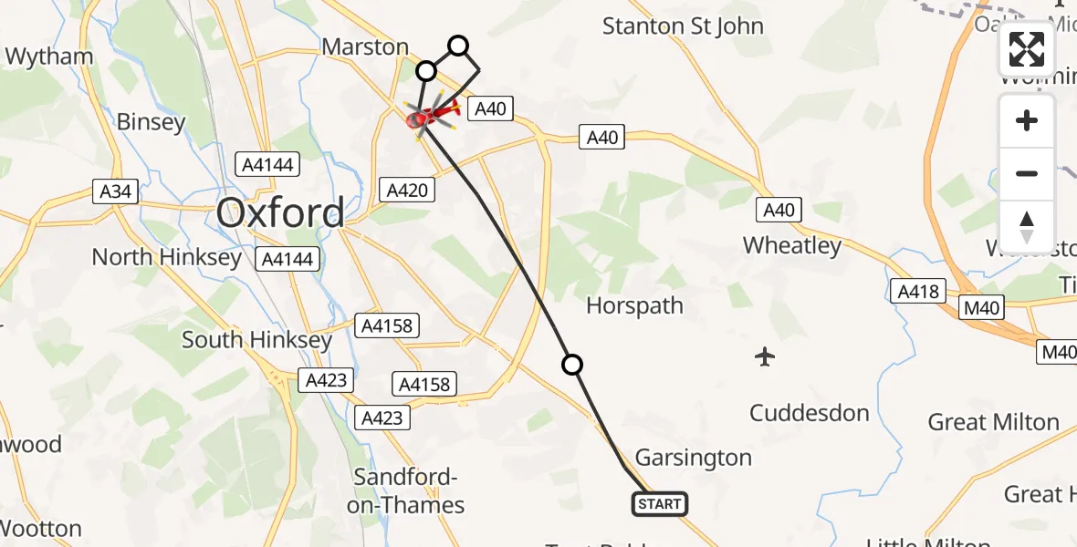 Flight route Air Ambulance Helicopter Garsington - Oxford, 13 June 2026, 14:16