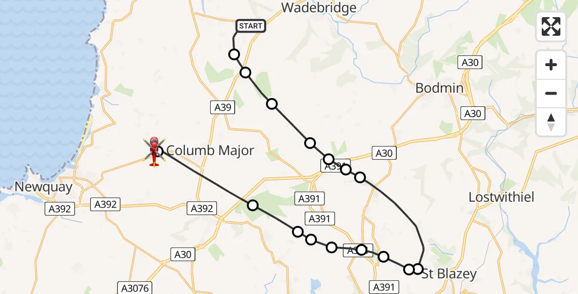 Flight route Air Ambulance Helicopter St Issey - Cornwall Airport Newquay, 13 June 2026, 14:22