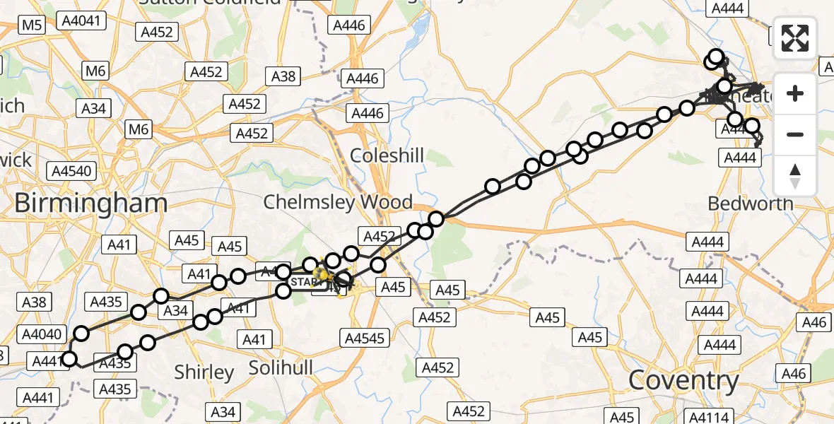Flight route Police Helicopter Birmingham Airport - Birmingham Airport, 13 June 2026, 14:22