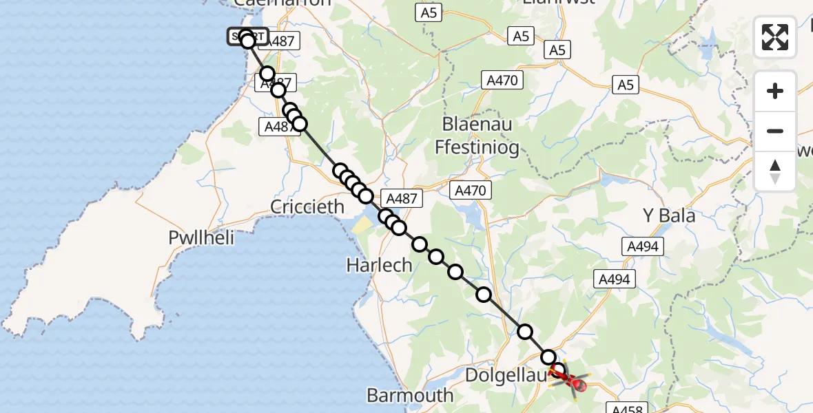 Flight route Air Ambulance Helicopter Caernarfon Airport - Brithdir and Llanfachreth, 13 June 2026, 14:23