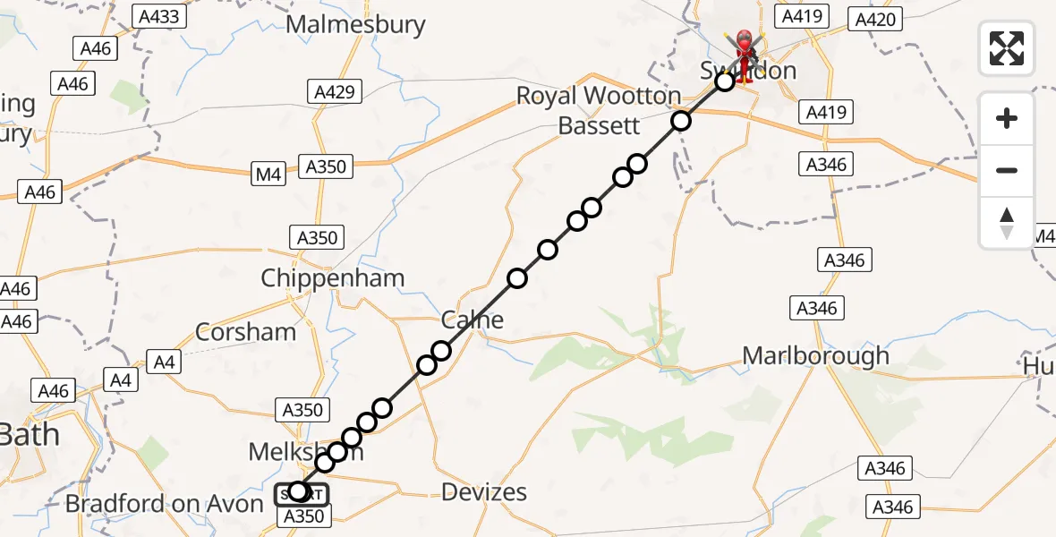 Flight route Air Ambulance Helicopter Wiltshire Air Ambulance - Swindon, 13 June 2026, 14:29