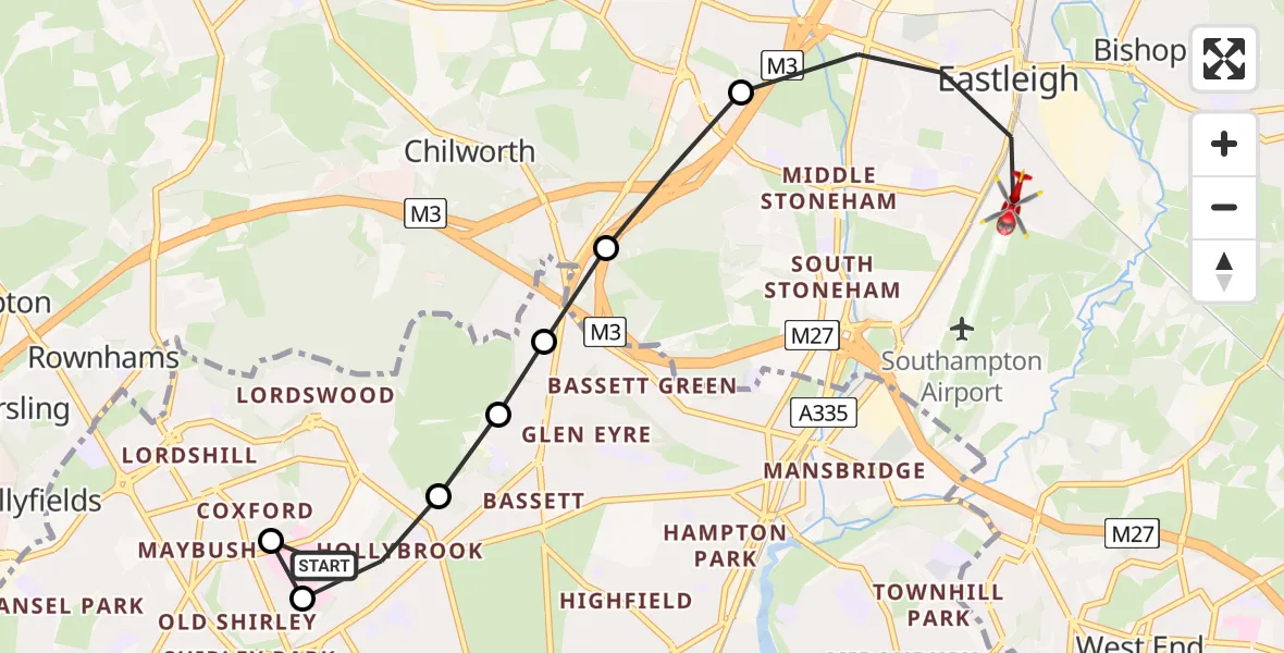 Flight route Air Ambulance Helicopter University Hospital Southampton - Eastleigh, 13 June 2026, 14:31