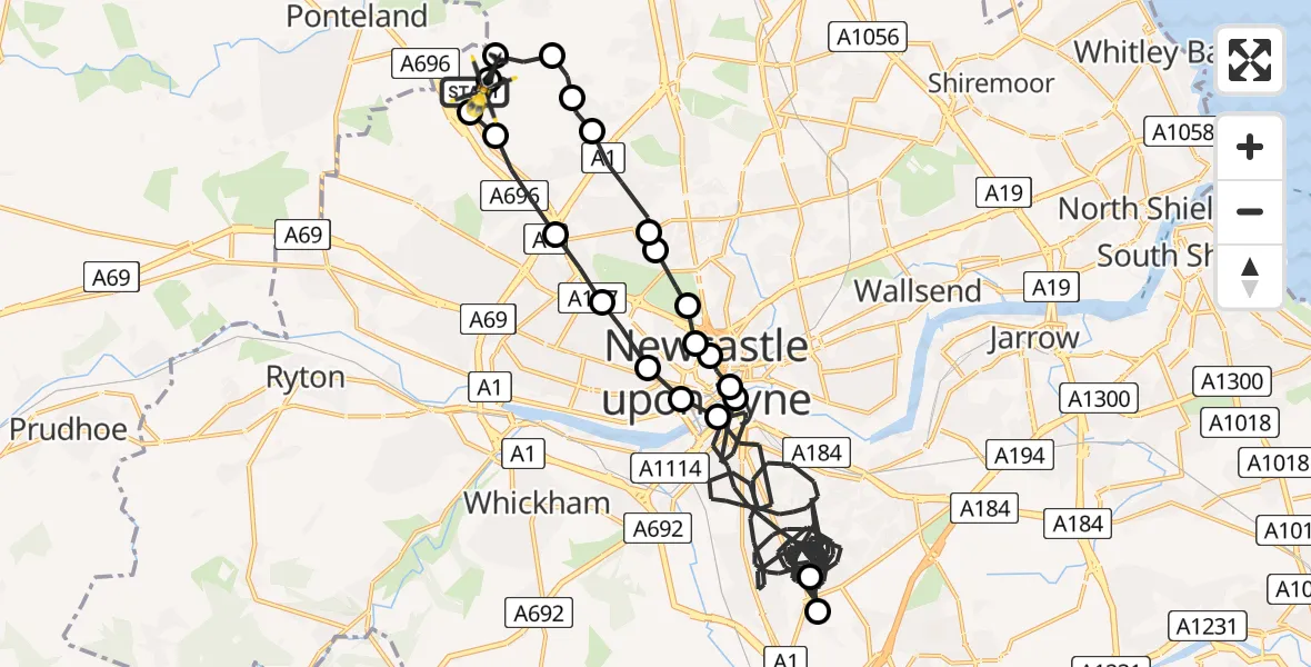 Flight route Police Helicopter Newcastle International Airport - Newcastle International Airport, 13 June 2026, 14:33