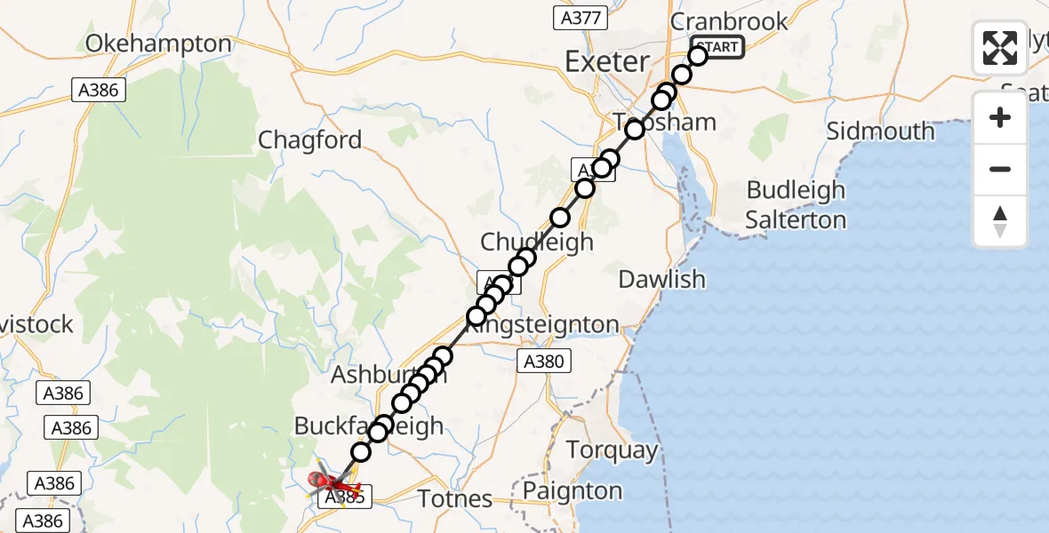 Flight route Air Ambulance Helicopter Exeter International Airport - South Hams, 13 June 2026, 14:33