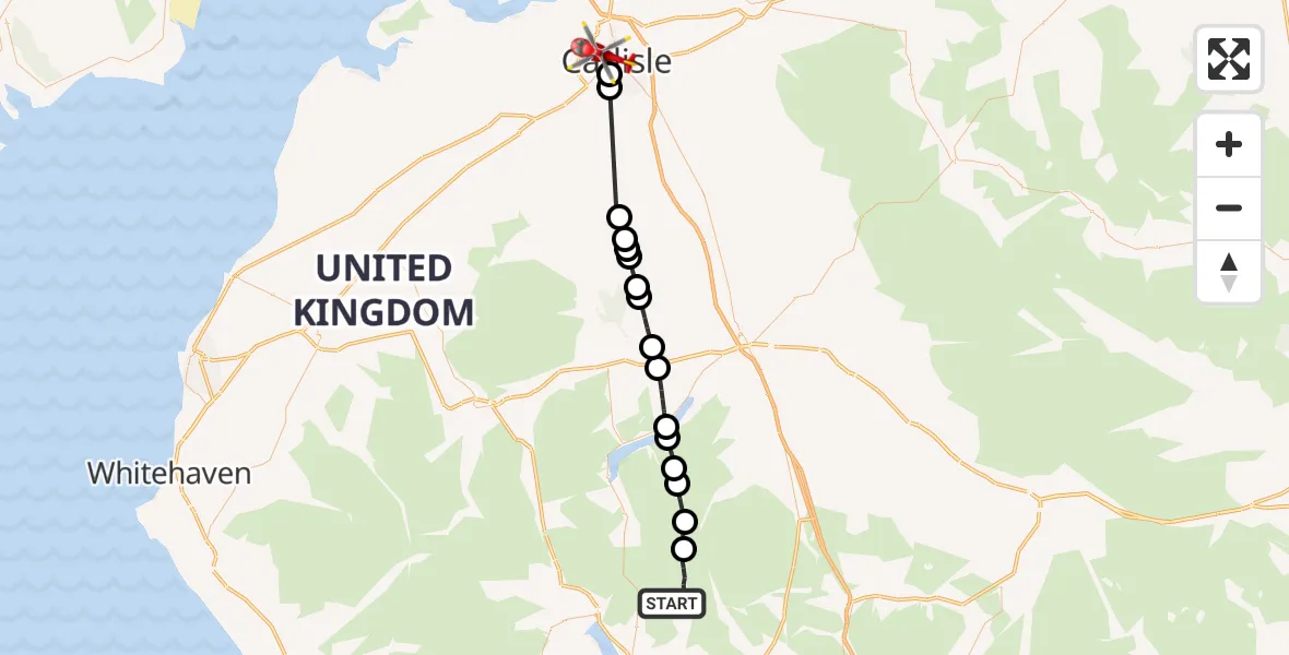 Flight route Air Ambulance Helicopter Kentmere - Carlisle, 13 June 2026, 14:37