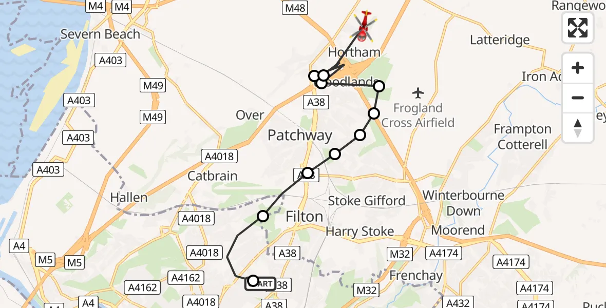 Flight route Air Ambulance Helicopter Southmead Hospital - Hortham, 13 June 2026, 14:40