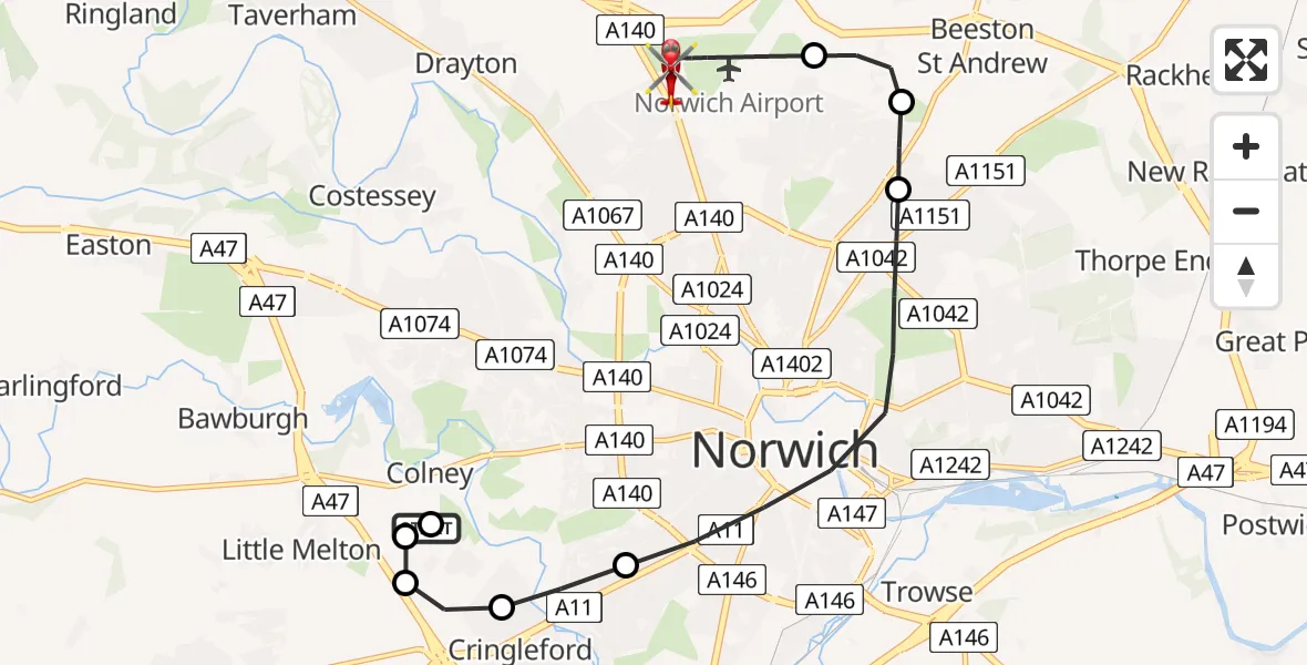 Flight route Air Ambulance Helicopter Norfolk & Norwich Hospital - Norwich Airport, 13 June 2026, 14:44