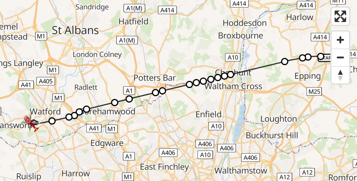 Flight route Air Ambulance Helicopter North Weald Airfield - Watford, 13 June 2026, 14:46