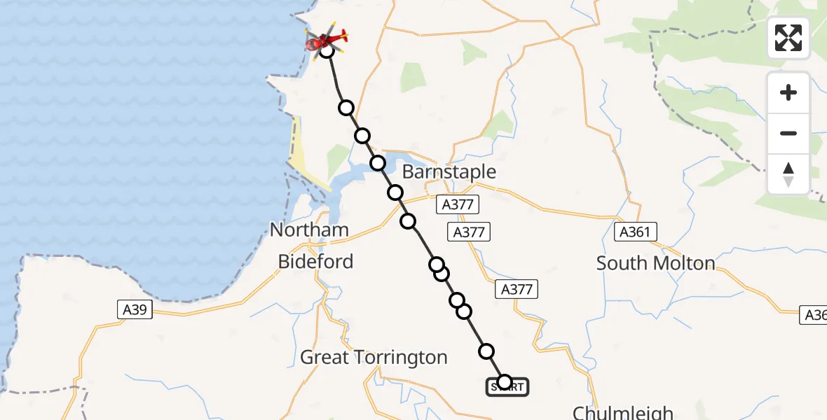Flight route Air Ambulance Helicopter North Devon - Woolacombe, 13 June 2026, 14:50