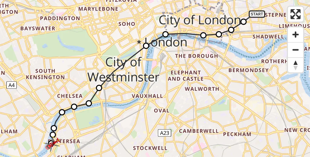 Flight route Air Ambulance Helicopter Royal London Hospital - London Heliport, 13 June 2026, 14:51