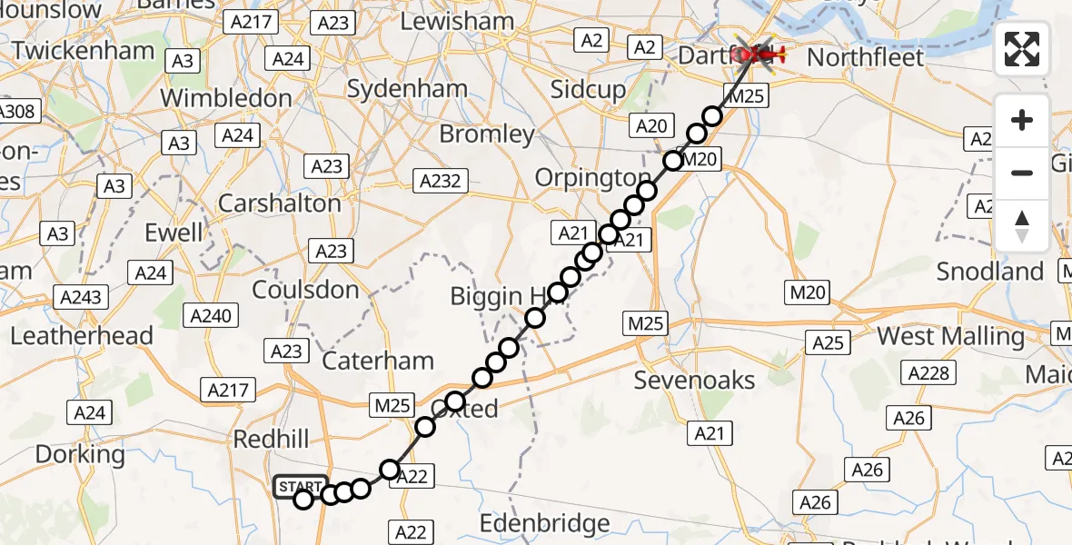 Flight route Air Ambulance Helicopter Redhill Aerodrome - Dartford, 13 June 2026, 14:54