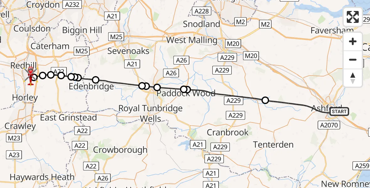 Flight route Air Ambulance Helicopter Ashford - Redhill Aerodrome, 13 June 2026, 15:00