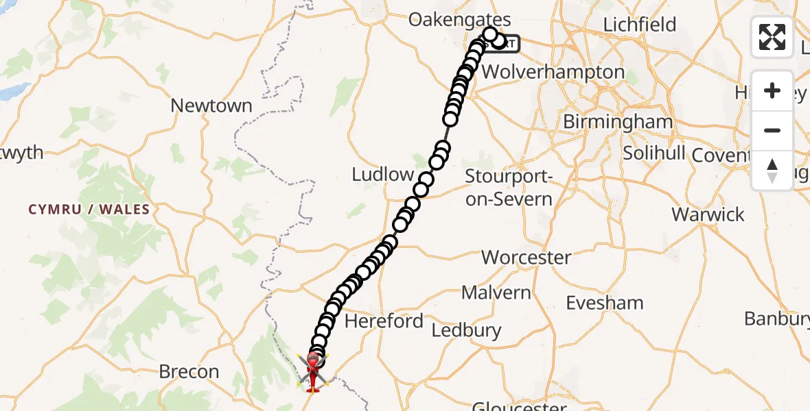 Flight route Air Ambulance Helicopter RAF Cosford - Longtown, 13 June 2026, 15:03