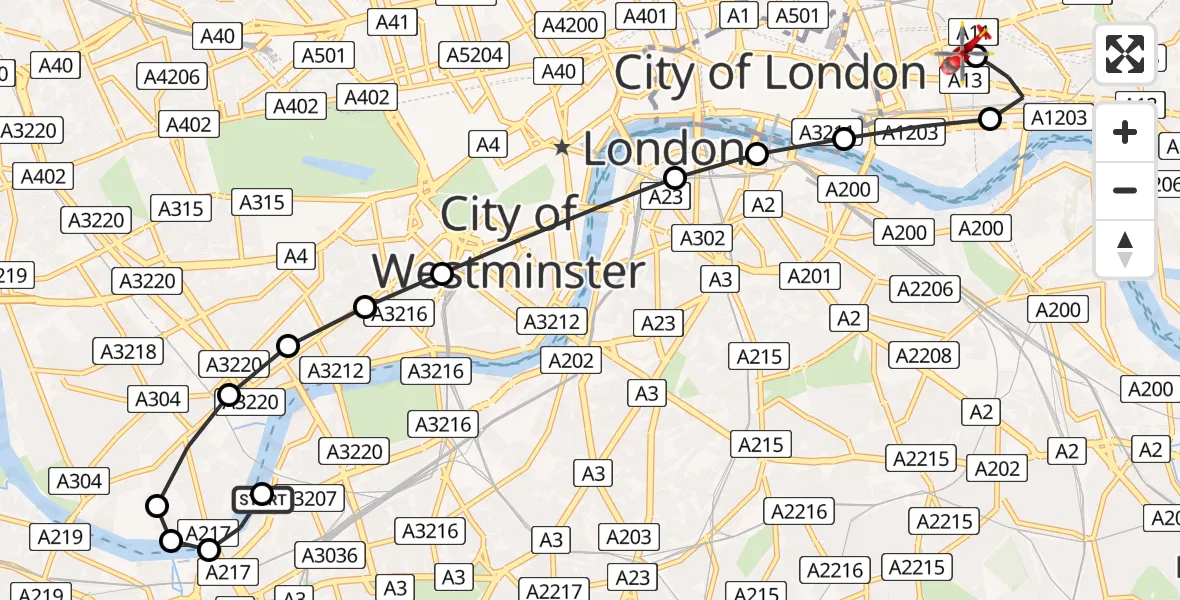 Flight route Air Ambulance Helicopter London Heliport - Royal London Hospital, 13 June 2026, 15:13