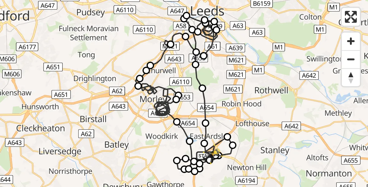 Flight route Police Helicopter East Ardsley - East Ardsley, 13 June 2026, 15:13