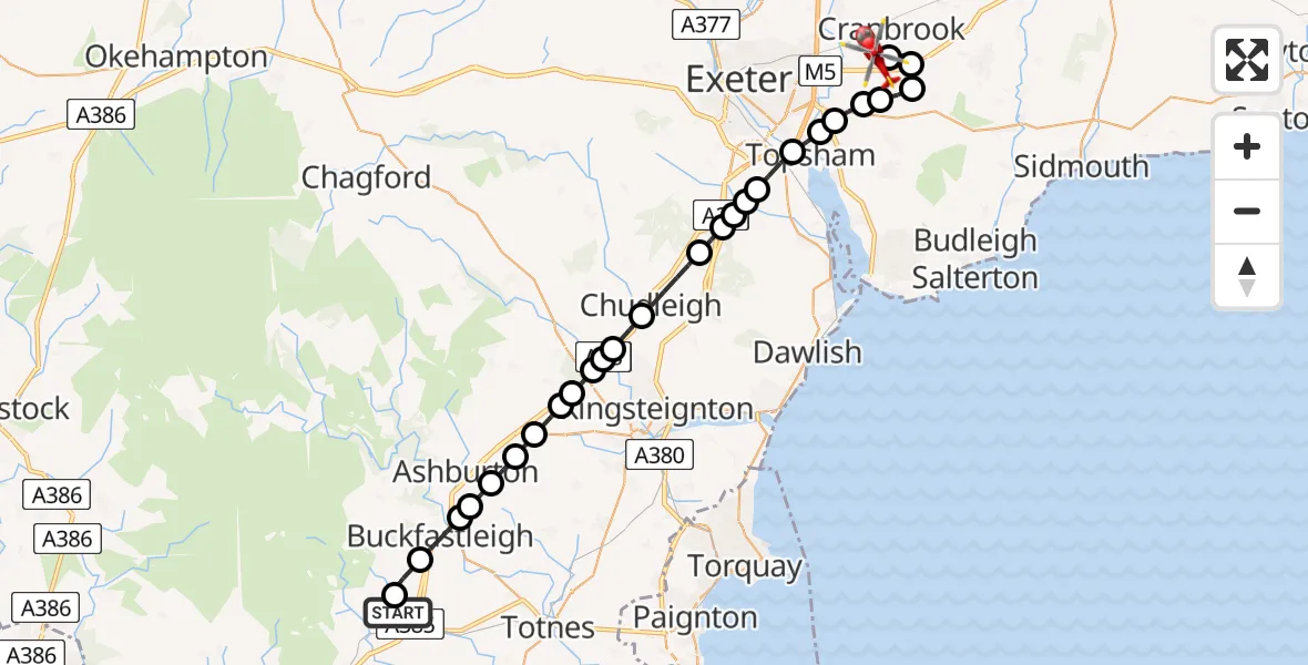 Flight route Air Ambulance Helicopter South Brent - Exeter International Airport, 13 June 2026, 15:21