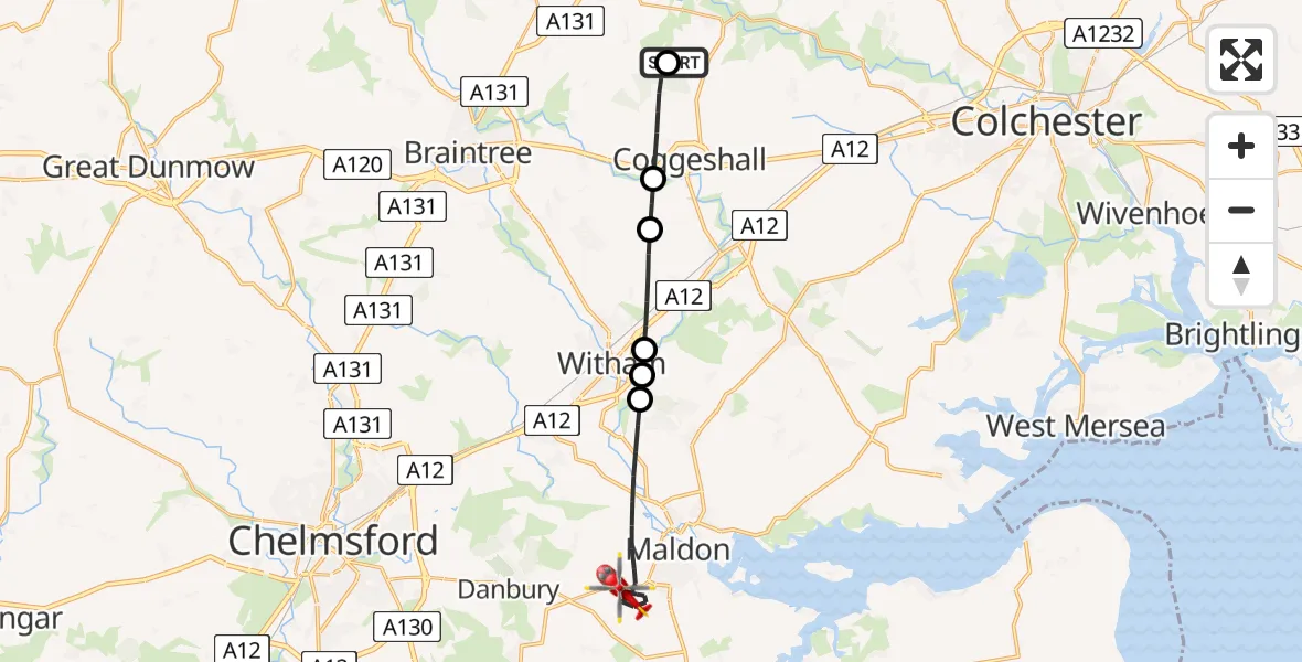 Flight route Air Ambulance Helicopter Earls Colne Airfield - Maldon, 13 June 2026, 15:22