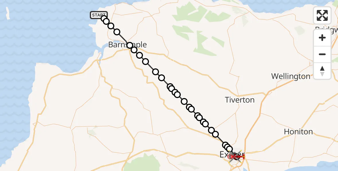 Flight route Air Ambulance Helicopter Woolacombe - Royal Devon & Exeter Hospital, 13 June 2026, 15:23