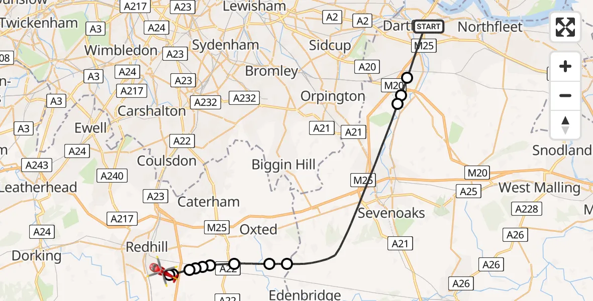 Flight route Air Ambulance Helicopter Dartford - Redhill Aerodrome, 13 June 2026, 15:32