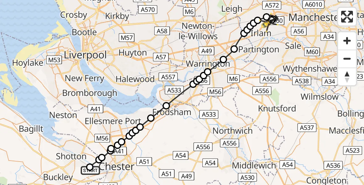 Flight route Police Helicopter Hawarden Airport - Manchester Barton Aerodrome, 13 June 2026, 15:34