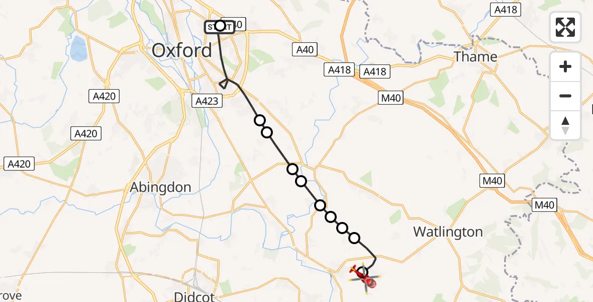 Flight route Air Ambulance Helicopter John Radcliffe Hospital - RAF Benson, 13 June 2026, 15:34