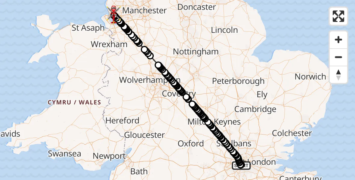Flight route Air Ambulance Helicopter London Heliport - Knotty Ash, 13 June 2026, 15:43