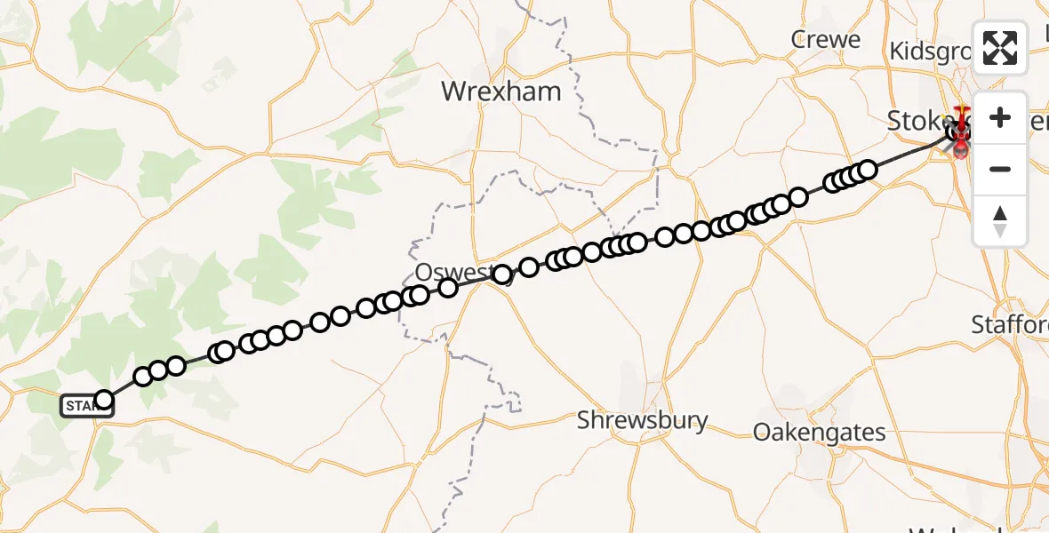 Flight route Air Ambulance Helicopter Dinas Mawddwy - University Hospital North Staffs, 13 June 2026, 15:45
