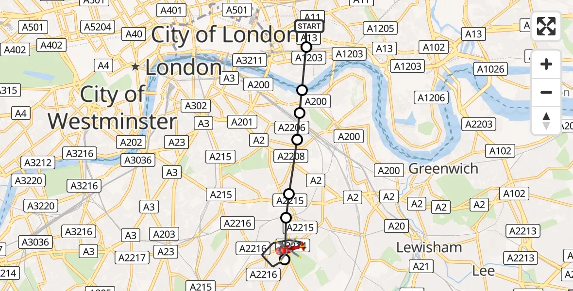 Flight route Air Ambulance Helicopter Royal London Hospital - East Dulwich, 13 June 2026, 15:47