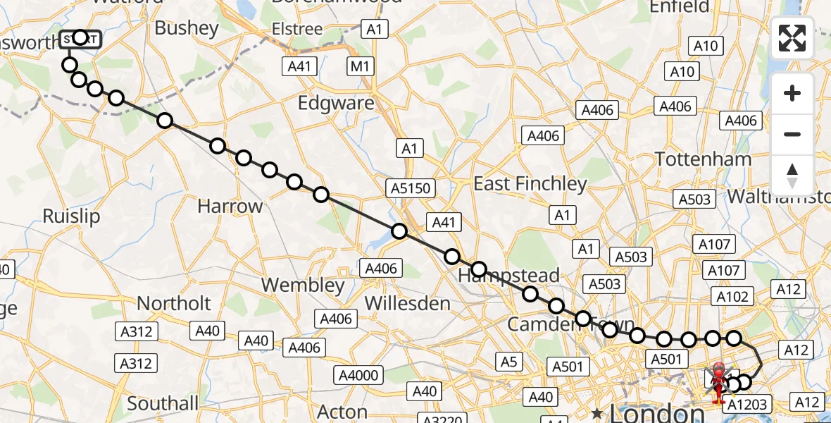 Flight route Air Ambulance Helicopter Three Rivers - Royal London Hospital, 13 June 2026, 15:48