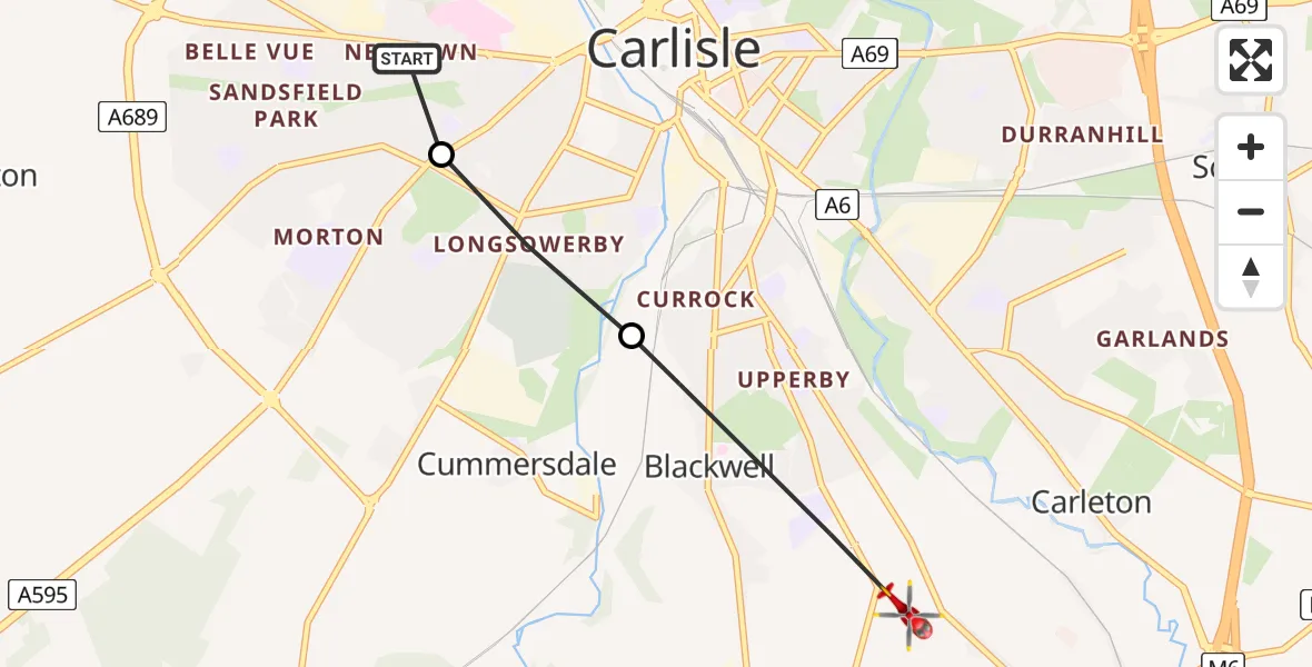 Flight route Air Ambulance Helicopter Carlisle General - Blackwell, 13 June 2026, 15:54
