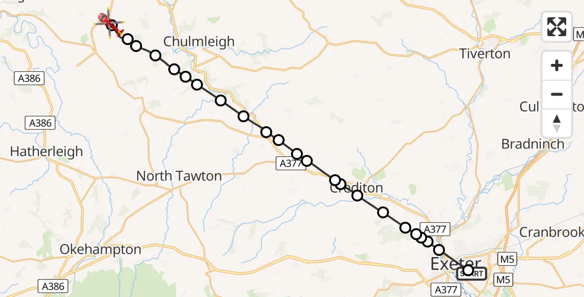 Flight route Air Ambulance Helicopter Royal Devon & Exeter Hospital - Eaglescott Airfield, 13 June 2026, 16:17