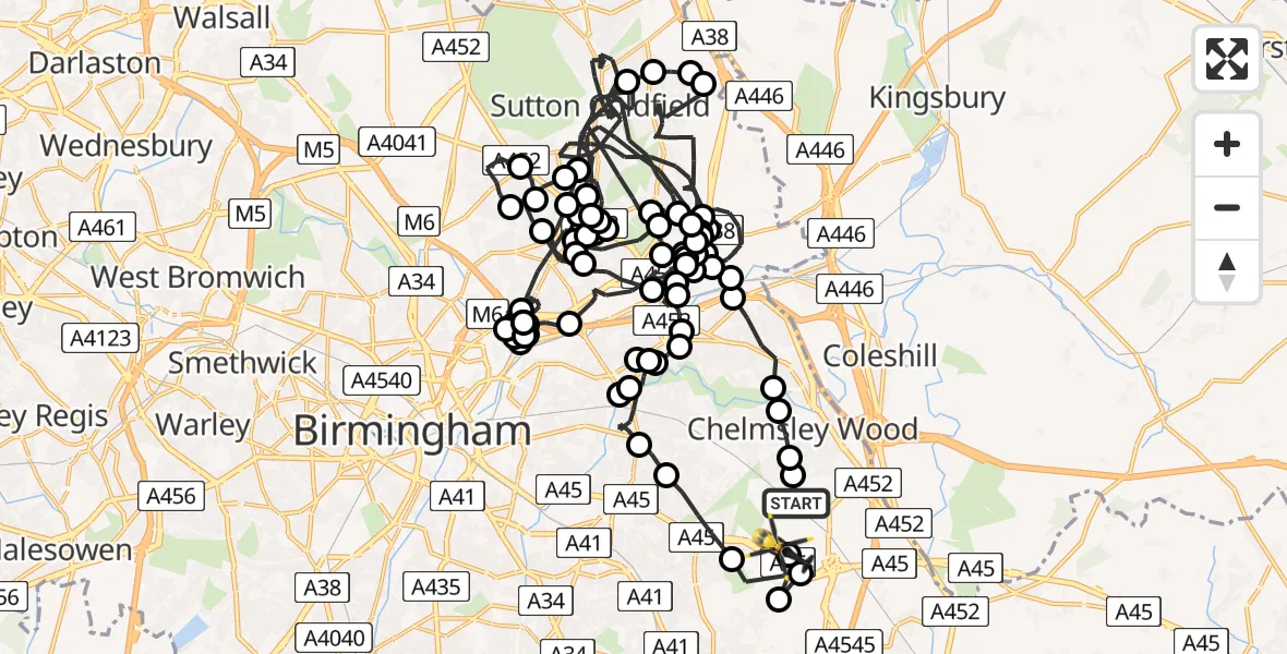 Flight route Police Helicopter Birmingham Airport - Solihull, 13 June 2026, 16:25