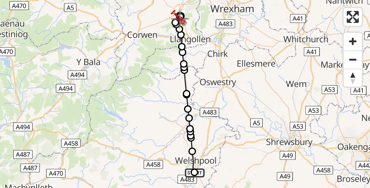 Flight route Air Ambulance Helicopter Welshpool Airport - Bryneglwys, 13 June 2026, 16:27