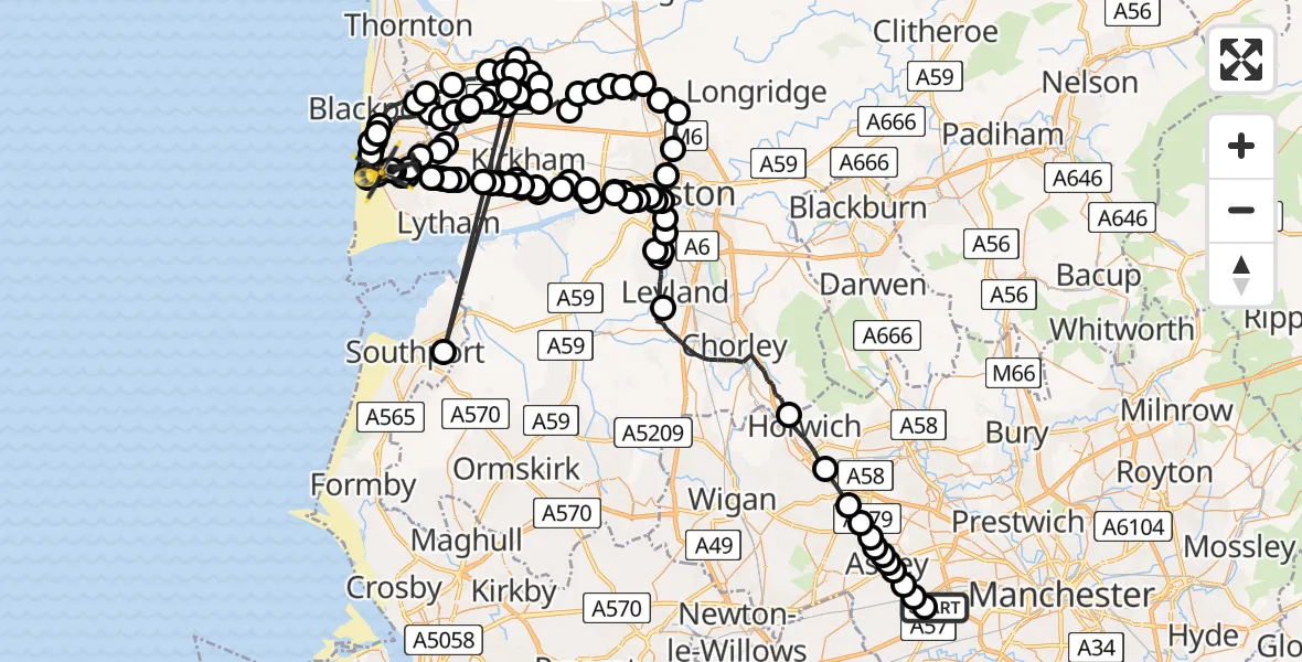 Flight route Police Helicopter Manchester Barton Aerodrome - Blackpool Airport, 13 June 2026, 16:30