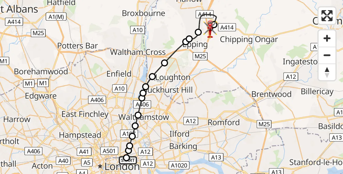 Flight route Air Ambulance Helicopter Royal London Hospital - North Weald Airfield, 13 June 2026, 16:38
