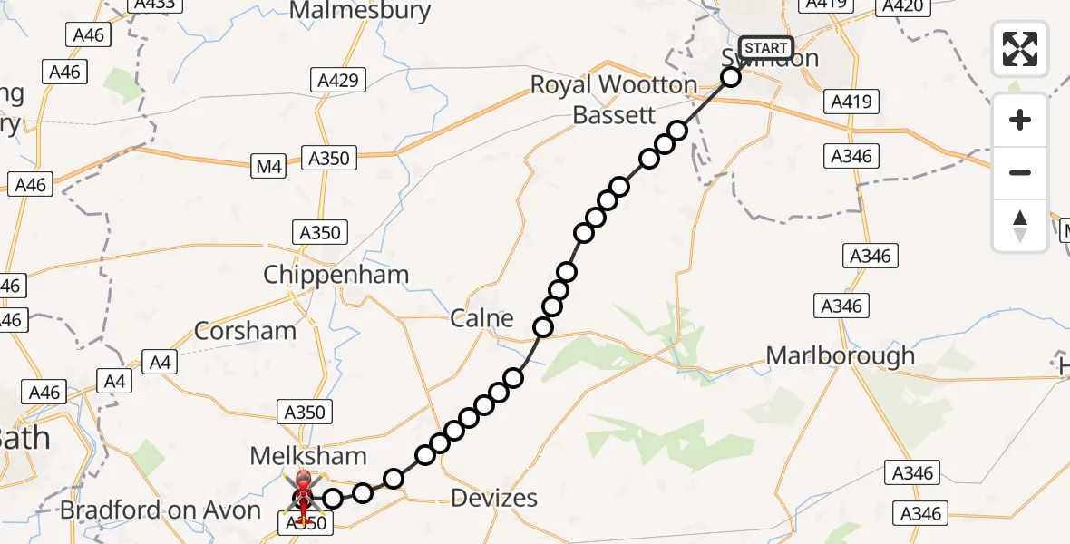 Flight route Air Ambulance Helicopter Swindon - Wiltshire Air Ambulance, 13 June 2026, 16:38