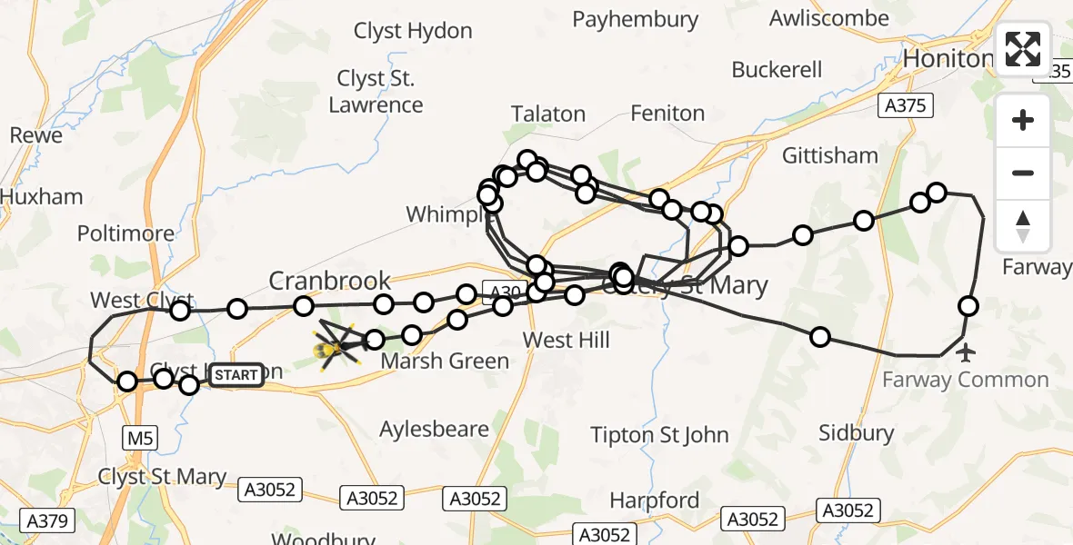 Flight route Police Helicopter Exeter International Airport - Rockbeare, 13 June 2026, 16:45