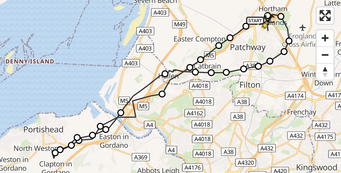 Flight route Police Helicopter Almondsbury Helicopter Base - Woodlands, 13 June 2026, 16:49