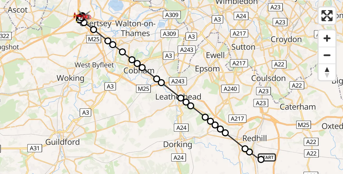 Flight route Air Ambulance Helicopter Redhill Aerodrome - Lyne, 13 June 2026, 16:51