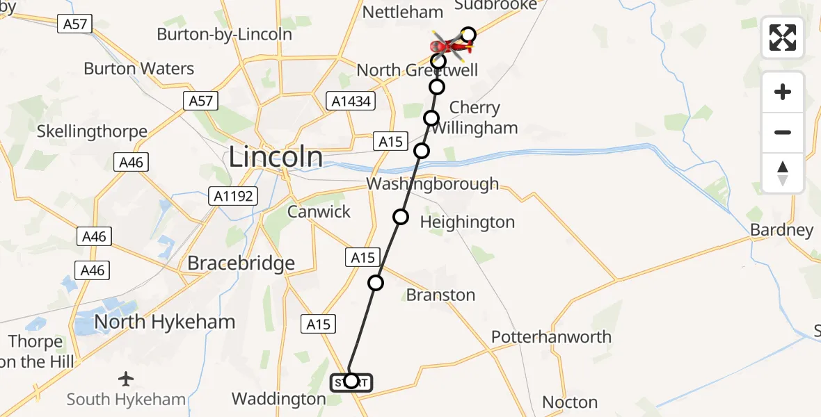 Flight route Air Ambulance Helicopter RAF Waddington - Sudbrooke, 13 June 2026, 16:55
