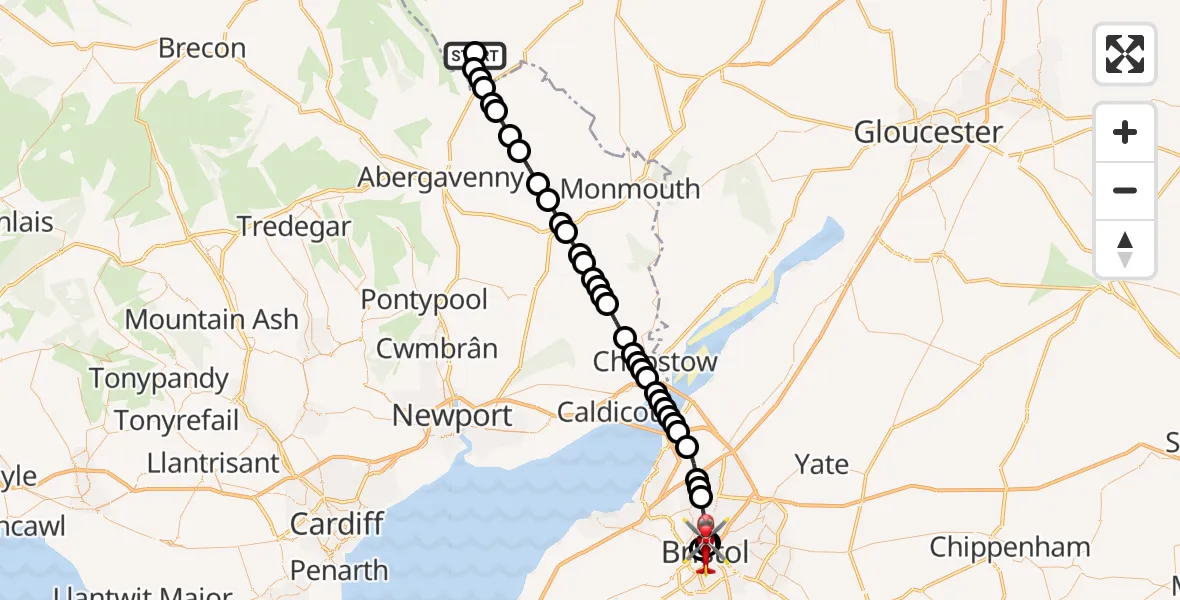 Flight route Air Ambulance Helicopter Clodock - Bristol Royal Infirmary, 13 June 2026, 17:00